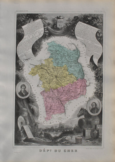 Victor LEVASSEUR : France, Carte ancienne du Cher, Gravure originale (vue générale) - Crédit photo : Galerie Art.Paris