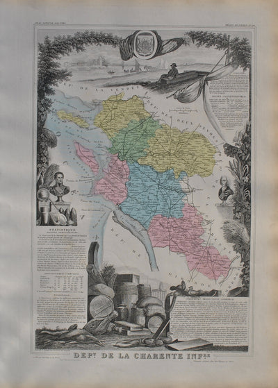 Victor LEVASSEUR : France, Carte ancienne de la Charente Inférieure, Gravure originale (vue générale) - Crédit photo : Galerie Art.Paris