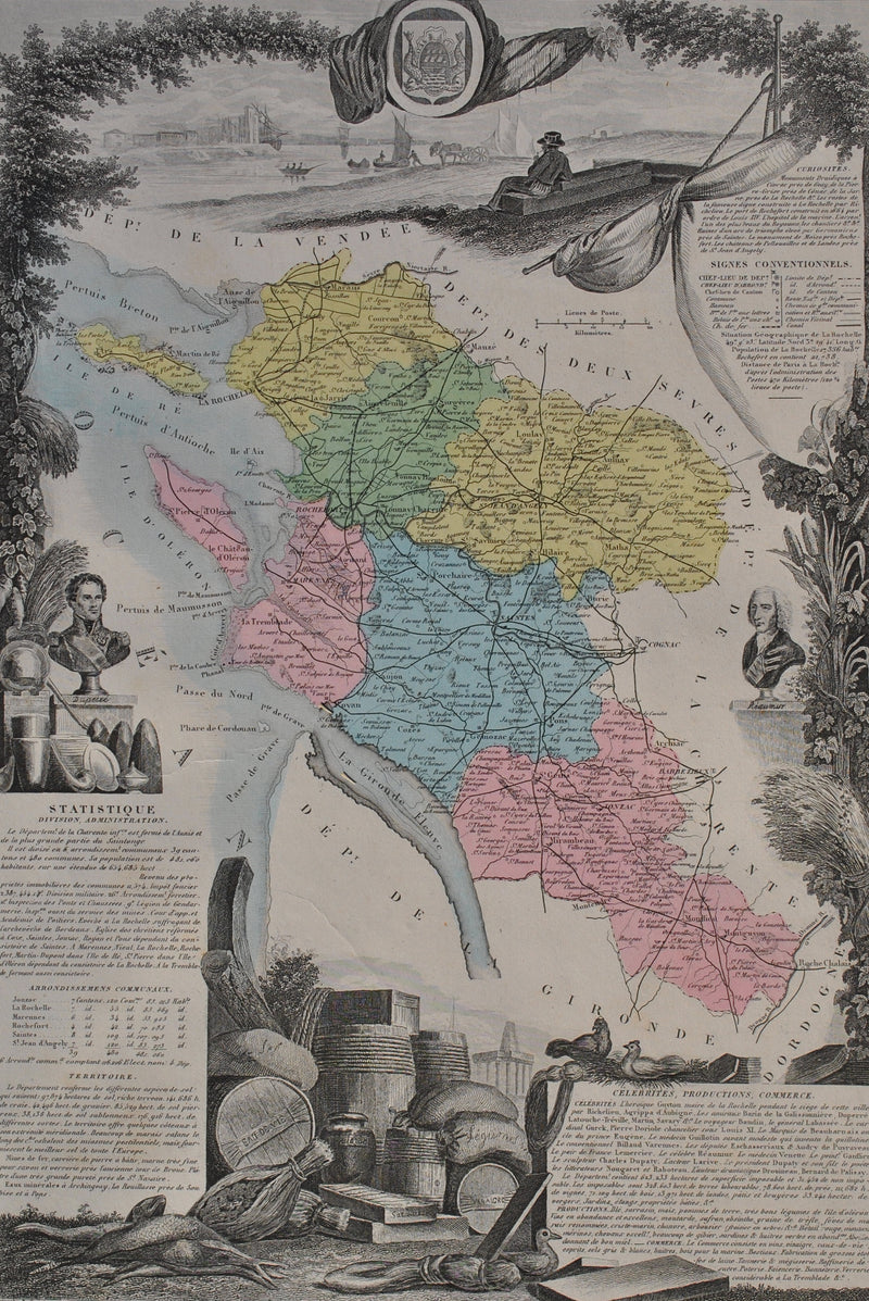 Victor LEVASSEUR : France, Carte ancienne de la Charente Inférieure, Gravure originale (photo de détail 2) - Crédit photo : Galerie Art.Paris