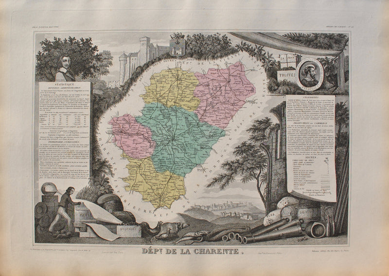 Victor LEVASSEUR : France, Carte ancienne de la Charente, Gravure originale (vue générale) - Crédit photo : Galerie Art.Paris