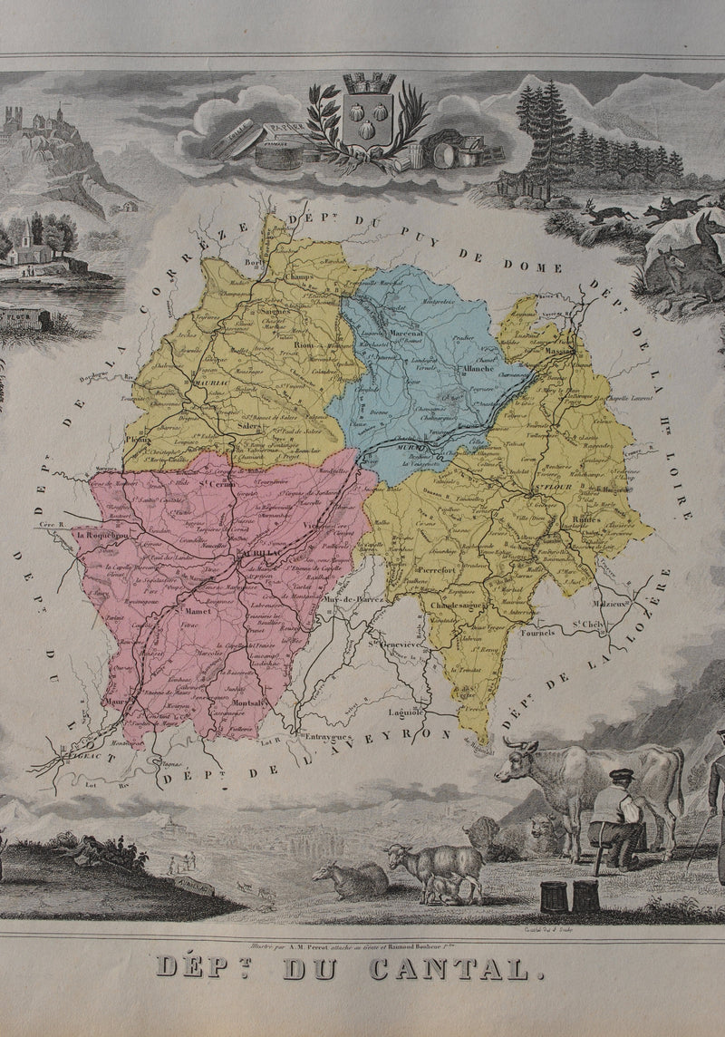 Victor LEVASSEUR : France, Carte ancienne du Cantal, Gravure originale (photo de détail 5) - Crédit photo : Galerie Art.Paris