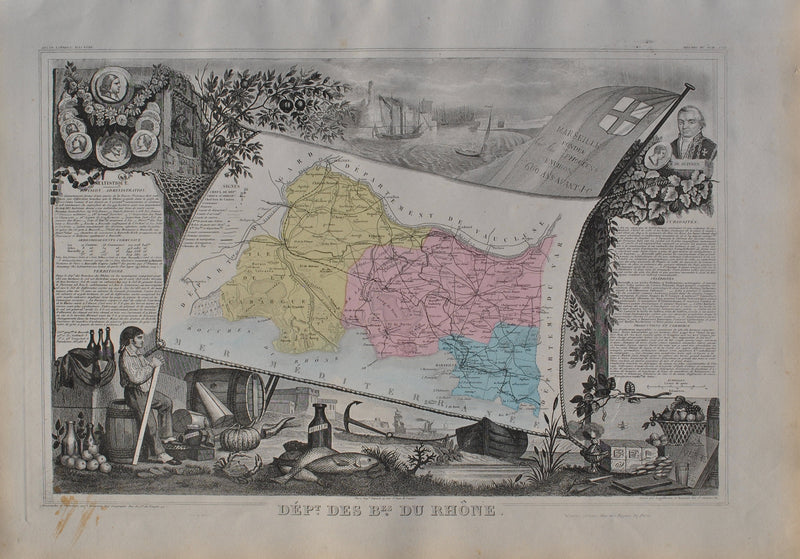 Victor LEVASSEUR : France, Carte ancienne du Rhône, Gravure originale (vue générale) - Crédit photo : Galerie Art.Paris