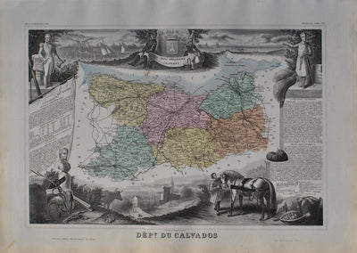 Victor LEVASSEUR : France, Carte ancienne du Calvados, Gravure originale (vue générale) - Crédit photo : Galerie Art.Paris