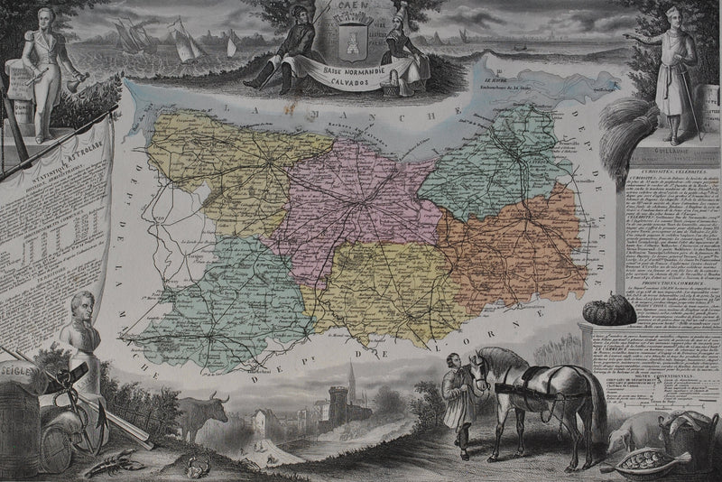 Victor LEVASSEUR : France, Carte ancienne du Calvados, Gravure originale (photo de détail 2) - Crédit photo : Galerie Art.Paris