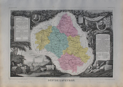 Victor LEVASSEUR : France, Carte ancienne de l'Aveyron, Gravure originale (vue générale) - Crédit photo : Galerie Art.Paris