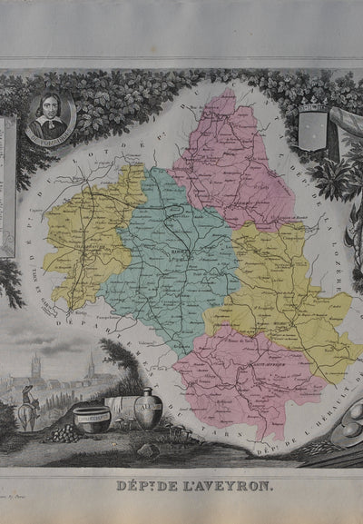 Victor LEVASSEUR : France, Carte ancienne de l'Aveyron, Gravure originale (photo de détail 5) - Crédit photo : Galerie Art.Paris