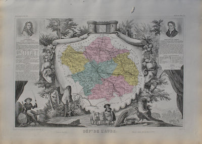 Victor LEVASSEUR : France, Carte ancienne de l'Aube, Gravure originale (vue générale) - Crédit photo : Galerie Art.Paris