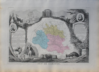 Victor LEVASSEUR : France, Carte ancienne de l'Ariège, Gravure originale (vue générale) - Crédit photo : Galerie Art.Paris