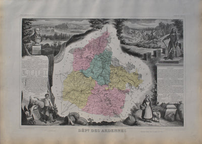 Victor LEVASSEUR : France, Carte ancienne des Ardennes, Gravure originale (vue générale) - Crédit photo : Galerie Art.Paris