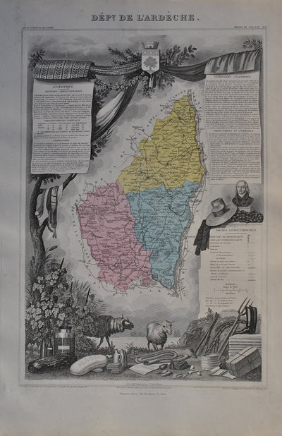 Victor LEVASSEUR : France, Carte ancienne de l'Ardèche, Gravure originale (photo de détail 2) - Crédit photo : Galerie Art.Paris