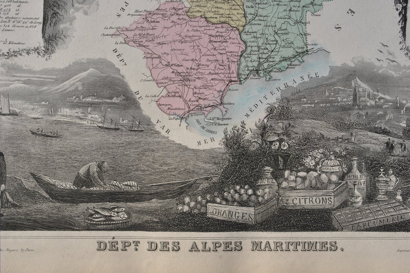 Victor LEVASSEUR : France, Carte ancienne des Alpes Maritimes, Gravure originale (photo de détail 3) - Crédit photo : Galerie Art.Paris