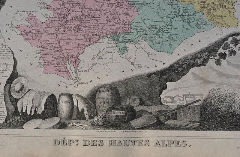 Victor LEVASSEUR : France, Carte ancienne des Hautes Alpes, Gravure originale (photo de détail 3) - Crédit photo : Galerie Art.Paris