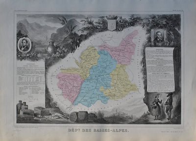 Victor LEVASSEUR : France, Carte ancienne des Basse Alpes, Gravure originale (vue générale) - Crédit photo : Galerie Art.Paris