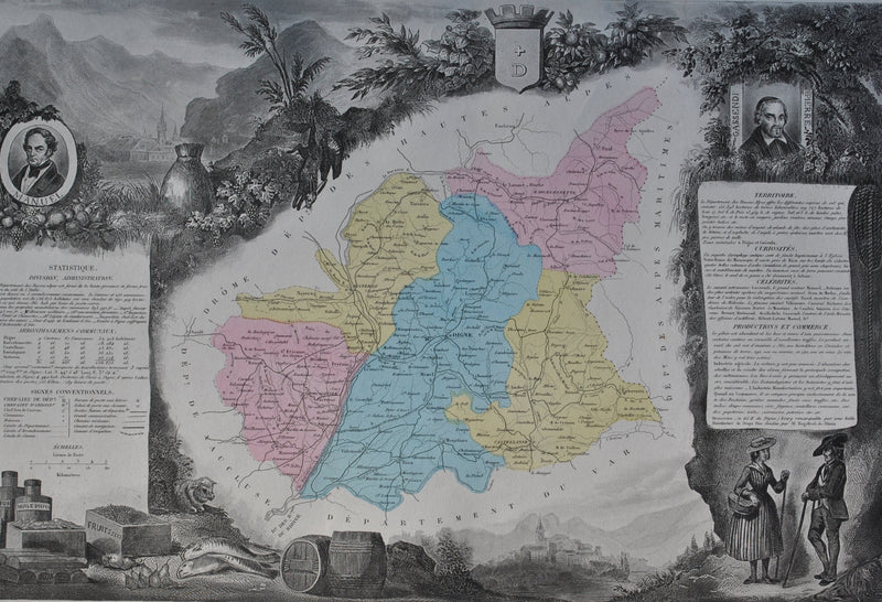 Victor LEVASSEUR : France, Carte ancienne des Basse Alpes, Gravure originale (photo de détail 2) - Crédit photo : Galerie Art.Paris