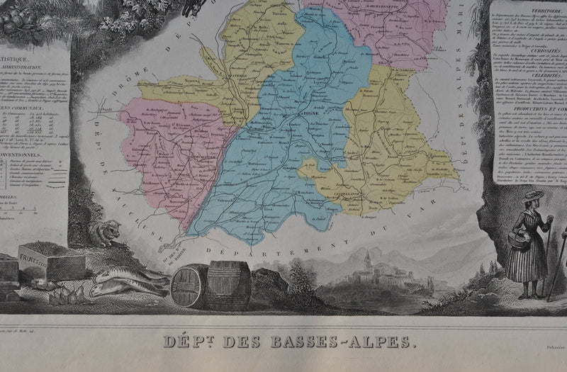 Victor LEVASSEUR : France, Carte ancienne des Basse Alpes, Gravure originale (photo de détail 3) - Crédit photo : Galerie Art.Paris