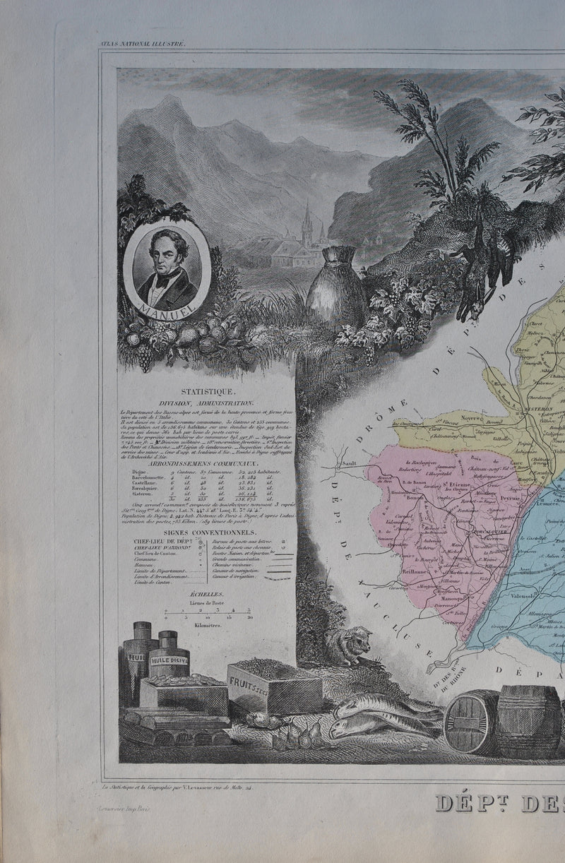 Victor LEVASSEUR : France, Carte ancienne des Basse Alpes, Gravure originale (photo de détail 4) - Crédit photo : Galerie Art.Paris