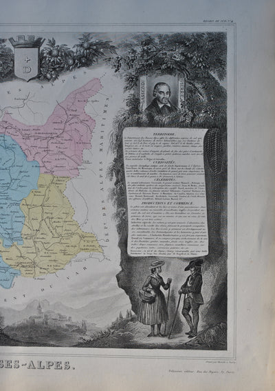 Victor LEVASSEUR : France, Carte ancienne des Basse Alpes, Gravure originale (photo de détail 6) - Crédit photo : Galerie Art.Paris