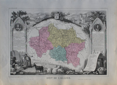 Victor LEVASSEUR : France, Carte ancienne de l'Allier, Gravure originale (vue générale) - Crédit photo : Galerie Art.Paris