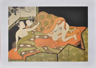 Suzuki HARUNOBU : Trio sous la couett, Lithographie originale (vue générale) - Crédit photo : Galerie Art.Paris