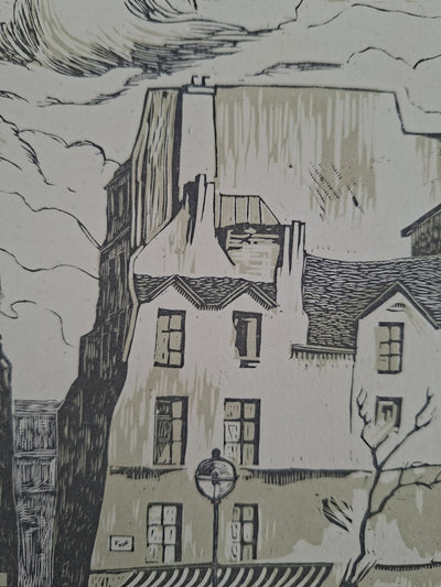Charles Emile PINSON : Paris, Rue dans le Marais, Gravure sur bois originale signée