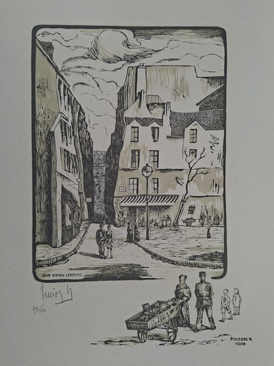 Charles Emile PINSON : Paris, Rue dans le Marais, Gravure sur bois originale signée