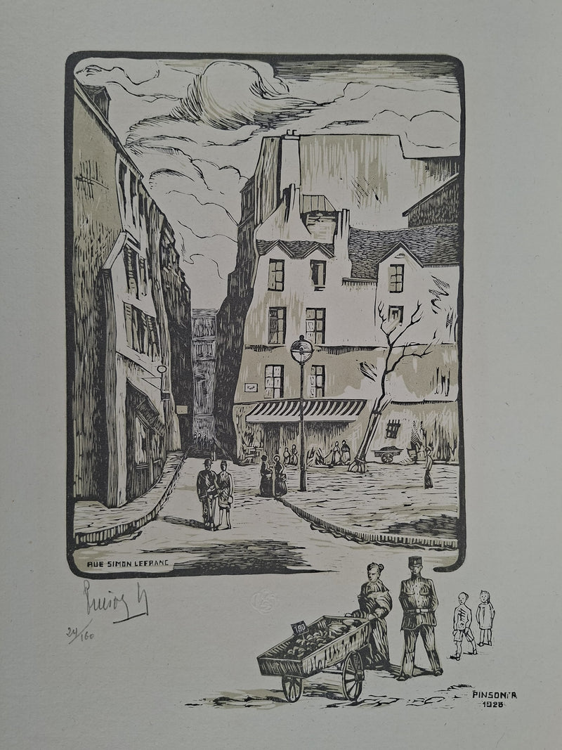 Charles Emile PINSON : Paris, Rue dans le Marais, Gravure sur bois originale signée