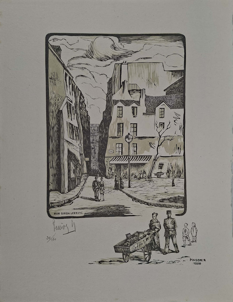 Charles Emile PINSON : Paris, Rue dans le Marais, Gravure sur bois originale signée