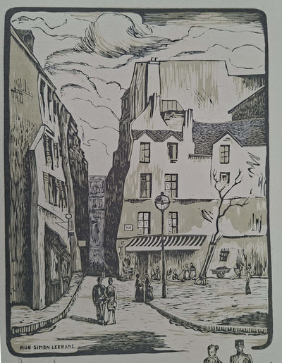 Charles Emile PINSON : Paris, Rue dans le Marais, Gravure sur bois originale signée