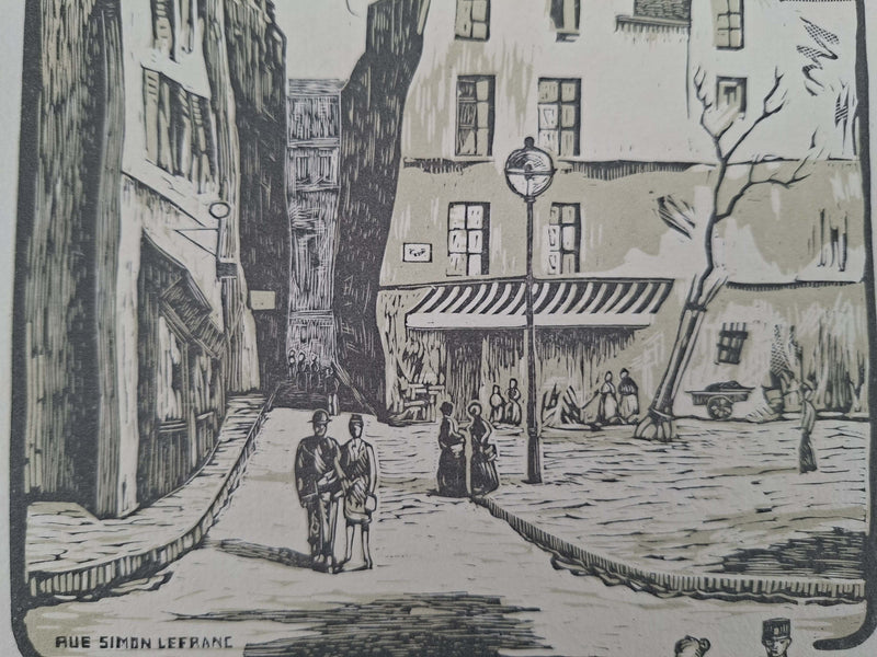 Charles Emile PINSON : Paris, Rue dans le Marais, Gravure sur bois originale signée