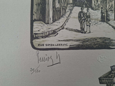 Charles Emile PINSON : Paris, Rue dans le Marais, Gravure sur bois originale signée