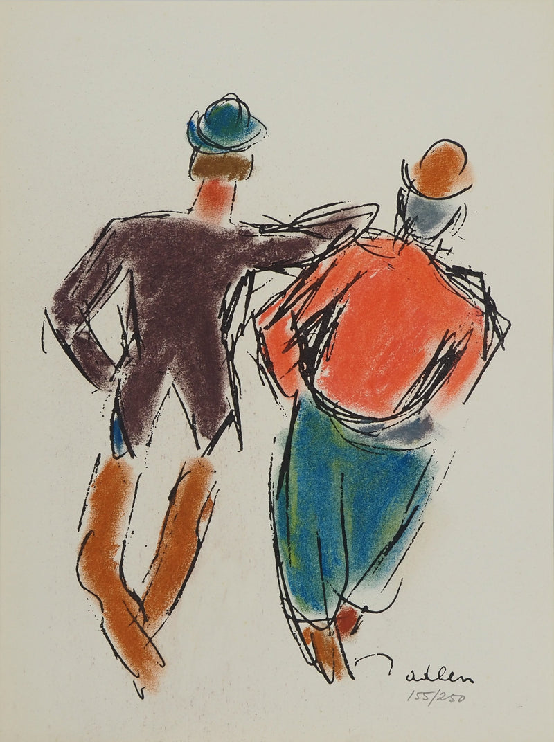 Michel ADLEN : Clowns espiègles vus de dos, Lithographie originale (vue générale) - Crédit photo : Galerie Art.Paris