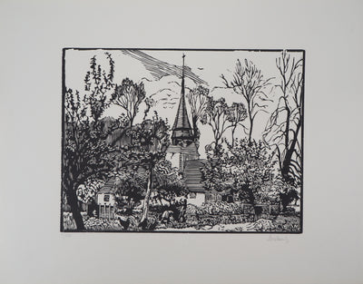 Georges LE MEILLEUR : La vieille église, Gravure sur bois originale (vue générale) - Crédit photo : Galerie Art.Paris