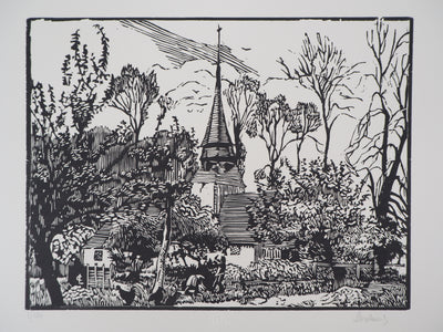 Georges LE MEILLEUR : La vieille église, Gravure sur bois originale (photo de détail 2) - Crédit photo : Galerie Art.Paris
