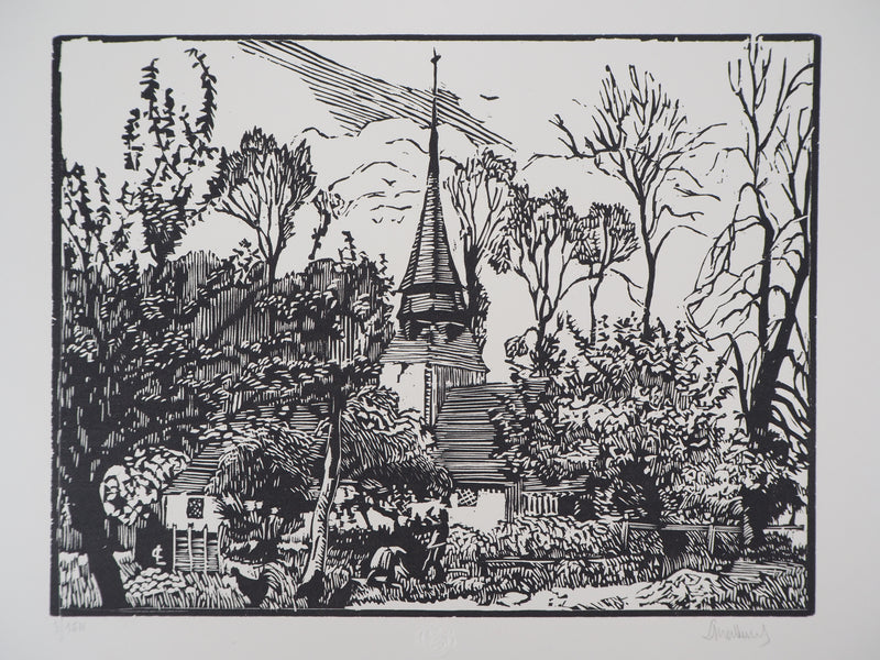 Georges LE MEILLEUR : La vieille église, Gravure sur bois originale (photo de détail 2) - Crédit photo : Galerie Art.Paris