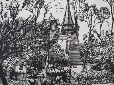 Georges LE MEILLEUR : La vieille église, Gravure sur bois originale (photo de détail 3) - Crédit photo : Galerie Art.Paris