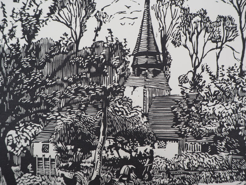Georges LE MEILLEUR : La vieille église, Gravure sur bois originale (photo de détail 3) - Crédit photo : Galerie Art.Paris