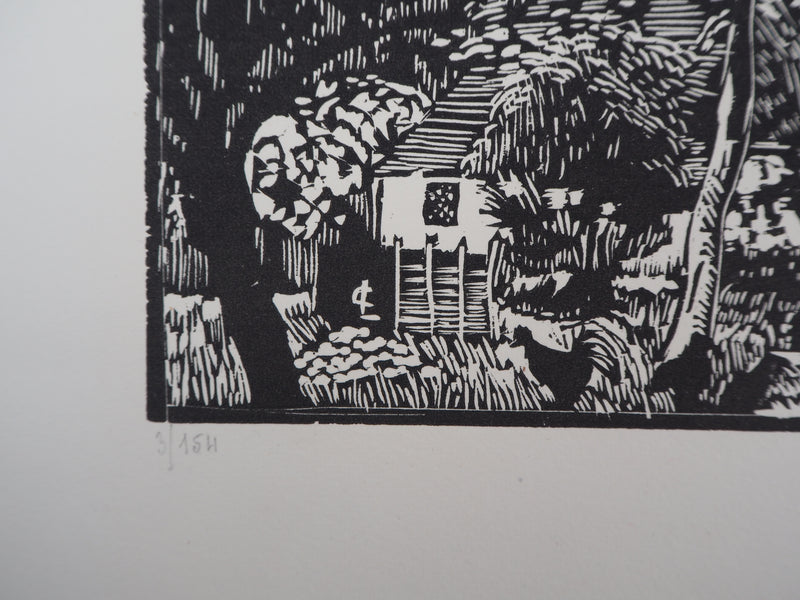 Georges LE MEILLEUR : La vieille église, Gravure sur bois originale (photo de détail 4) - Crédit photo : Galerie Art.Paris