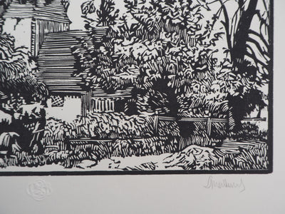 Georges LE MEILLEUR : La vieille église, Gravure sur bois originale (photo de détail 5) - Crédit photo : Galerie Art.Paris