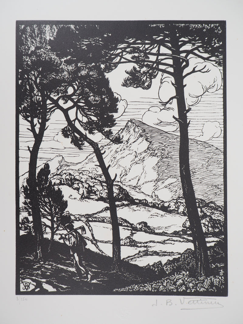 Jean-Baptiste VETTINER : Provence, dans les pins, Gravure sur bois originale (vue générale) - Crédit photo : Galerie Art.Paris