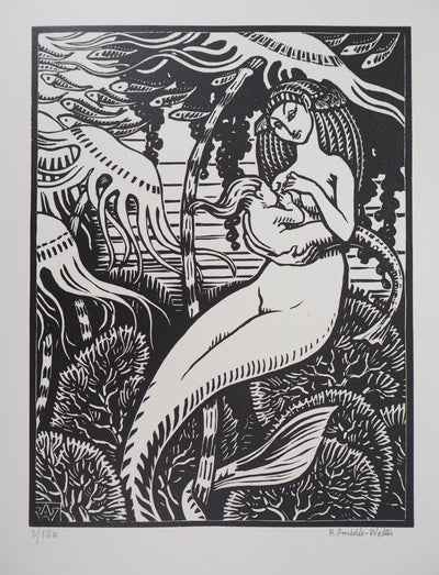 Henri AMEDEE-WETTER : Maternité à la sirène, Gravure sur bois originale (photo de détail 3) - Crédit photo : Galerie Art.Paris