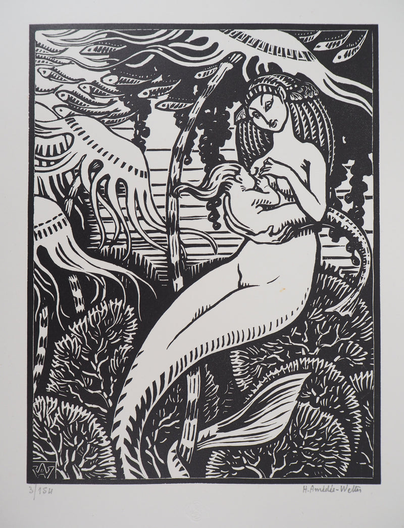 Henri AMEDEE-WETTER : Maternité à la sirène, Gravure sur bois originale (photo de détail 3) - Crédit photo : Galerie Art.Paris