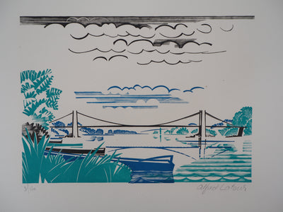 Alfred LATOUR : Bretagne, le Pont de Saint Guénolé, Gravure sur bois originale (vue générale) - Crédit photo : Galerie Art.Paris