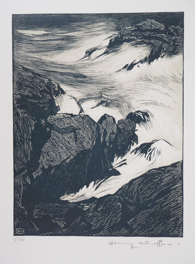 Henry CHEFFER : Finistère : Marée montante (Remous), Gravure sur bois originale (vue générale) - Crédit photo : Galerie Art.Paris