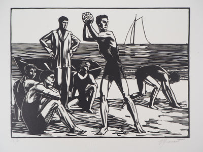 Raphaël DROUART : Pays Basque : Jeux sur la plage, Gravure sur bois originale (vue générale) - Crédit photo : Galerie Art.Paris