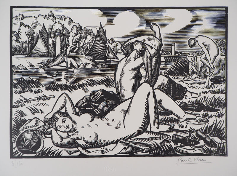 Paul VERA : Les baigneuses, Gravure sur bois originale (vue générale) - Crédit photo : Galerie Art.Paris