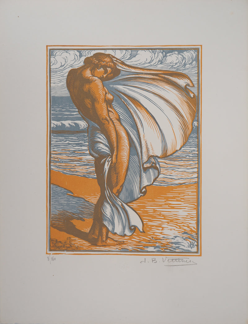 Jean Baptiste VETTINER : Sur la plage : Baigneuse dans le vent, Gravure sur bois originale (vue générale) - Crédit photo : Galerie Art.Paris