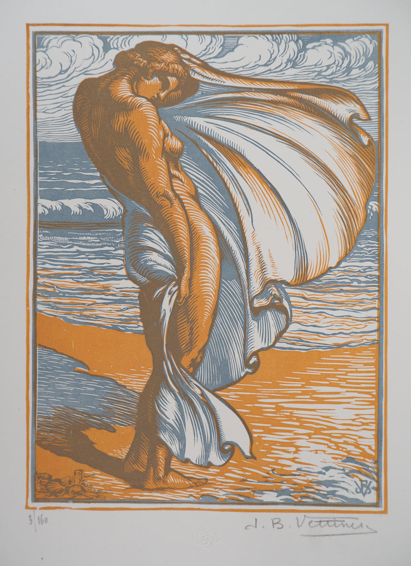 Jean Baptiste VETTINER : Sur la plage : Baigneuse dans le vent, Gravure sur bois originale (photo de détail 3) - Crédit photo : Galerie Art.Paris