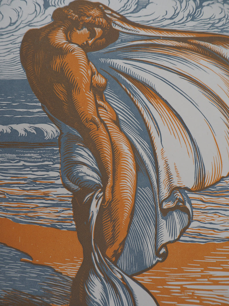 Jean Baptiste VETTINER : Sur la plage : Baigneuse dans le vent, Gravure sur bois originale (photo de détail 4) - Crédit photo : Galerie Art.Paris