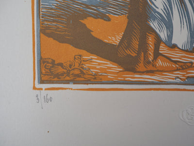 Jean Baptiste VETTINER : Sur la plage : Baigneuse dans le vent, Gravure sur bois originale (photo de détail 6) - Crédit photo : Galerie Art.Paris