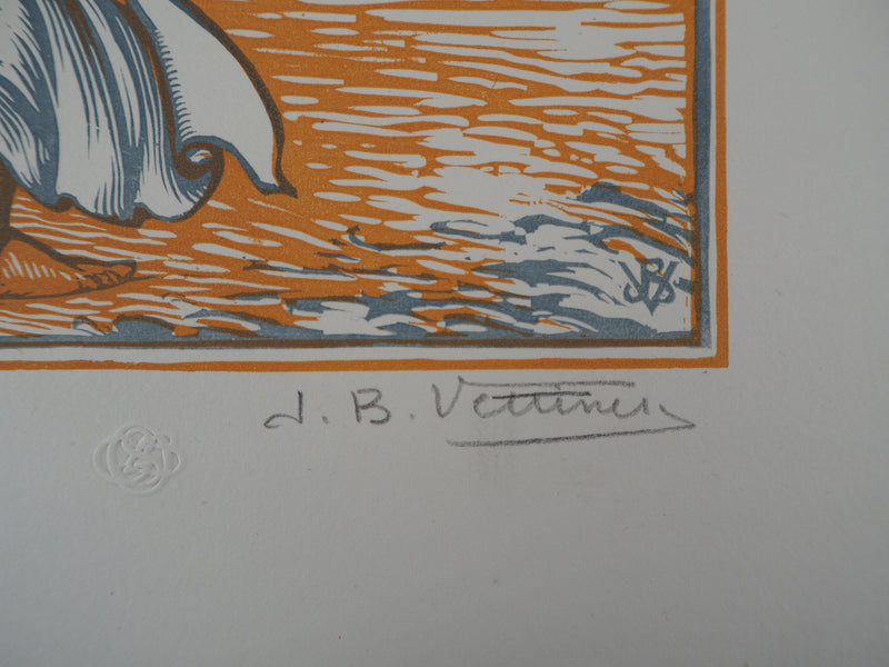 Jean Baptiste VETTINER : Sur la plage : Baigneuse dans le vent, Gravure sur bois originale (photo de détail 2) - Crédit photo : Galerie Art.Paris